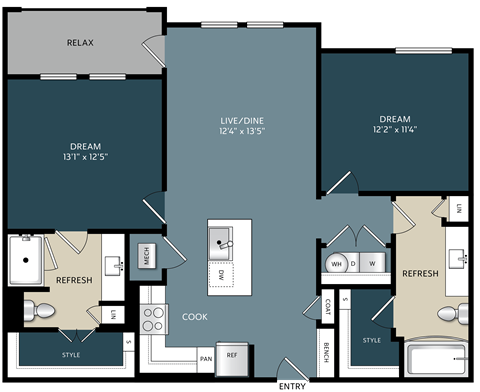 Floor plan for 2 beds, 2 baths, 1006 sqft